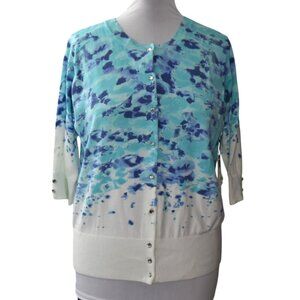 Carole Little Woman 1X Cardigan Sweater Blue White Cotton Button Front